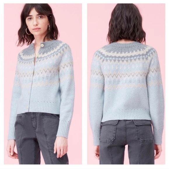 La Vie Rebecca Taylor Fairisle Button Up Cartigan Blue Sweater Wool Blend M - Picture 1 of 15